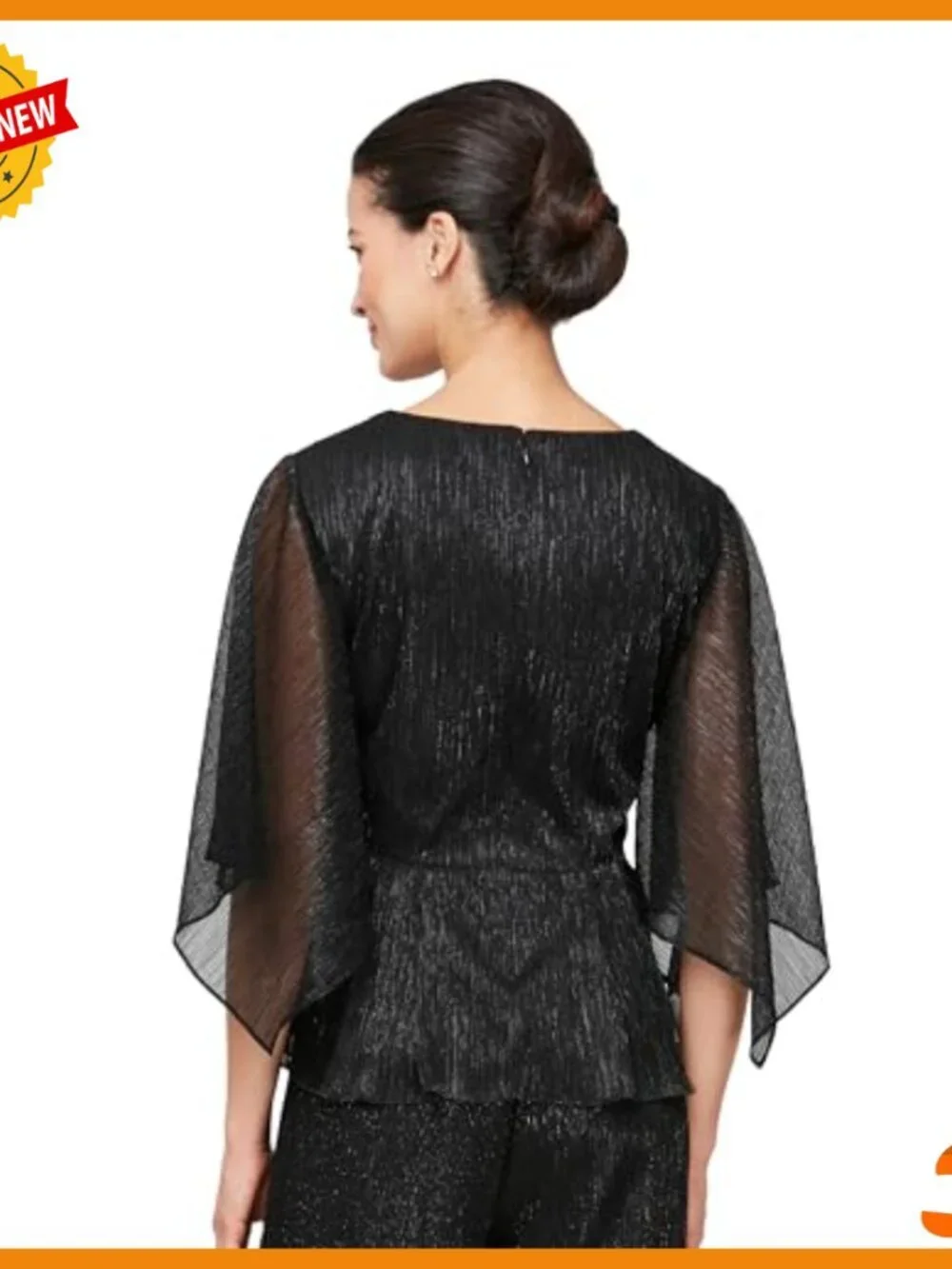 V-Neck Tie Waist Blouse with Metallic Detail, 3/4 Hanky Hem Sleeves